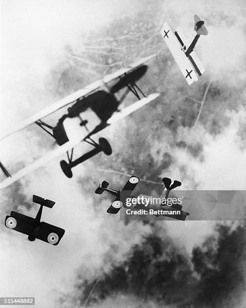 Aerial dogfight over Western Front during World War I. Undated photograph.