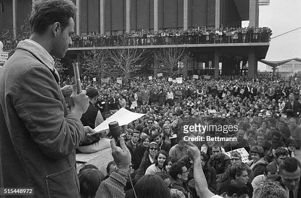Berkeley, CA- Mario Savio , one of the leaders of the Free Speech Movement at the University of California, tells 5,000 persons at a rally that his...