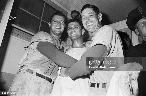 Chicago, Illinois- Triumphant Dodgers pose for photographers in the dressing room after taking the World Series from the White Sox in six games. The...