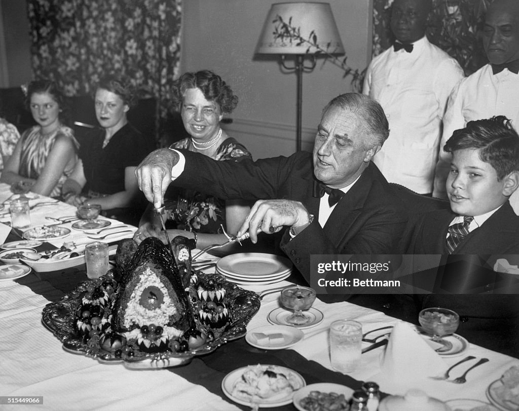 President Roosevelt Carving Thanksgiving Turkey
