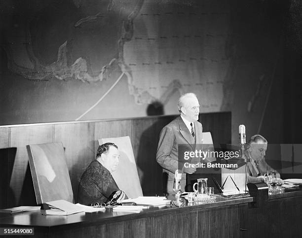 New York- Dr. Oswaldo Aranha, President of the UN General Assembly shown announcing the assembly's official adoption of the plan to partition...