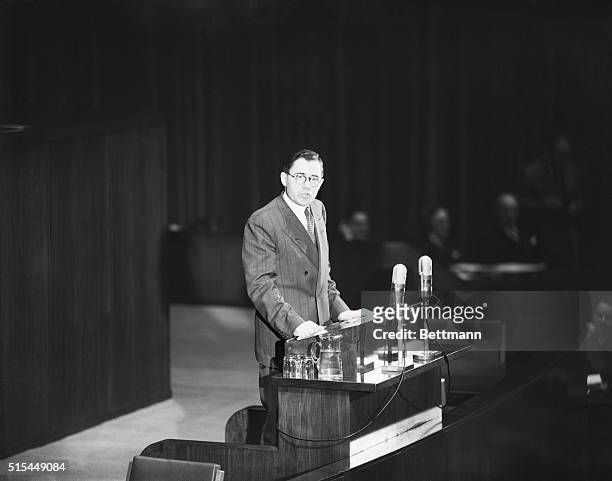 New York- Andrei Gromyko, Soviet representative to the United Nations, is shown as he spoke in favor of an immediate vote on the Palestine partition...