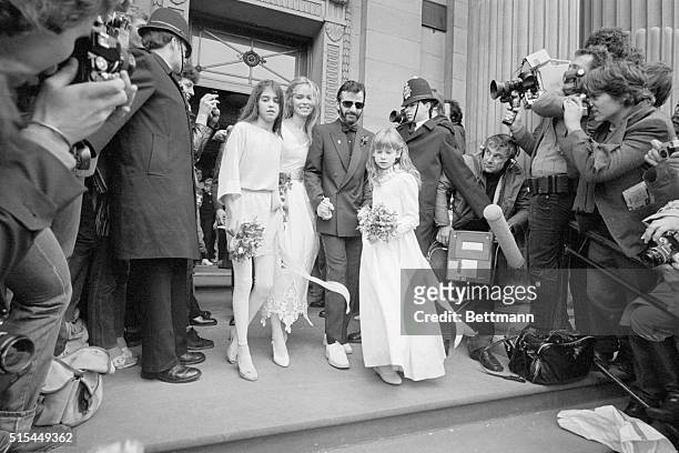Former Beatle Ringo Starr and his new bride, actress Barbara Bach with their bridesmaids, Francesca Gregorini and Lee Starkey, leave a London...