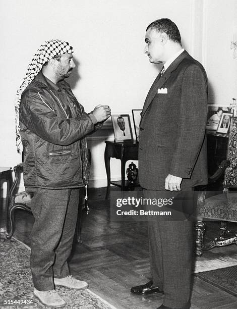 Cairo, Egypt-Egyptian President Abdel Gamal Nasser meets with Yasser Arafat, Chairman of the Al Fatah Arab guerrilla organization, Nov. 2, in an...