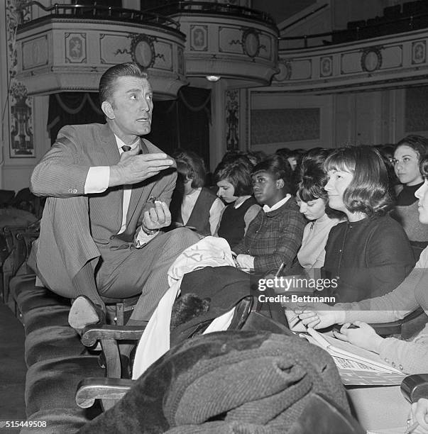 New York, New York- Actor Kirk Douglas answers the questions of student reporters from New York City public schools during a press conference...