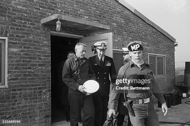 Pammunjom, South Korea- Commander Lloyd Bucher, captain of the captured U.S. Intelligence ship, "Pueblo," leaves a press conference at a base camp...