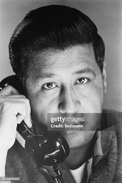 The compelling force behind the Delano, California grape workers strike and the Texas strike is Cesar Chavez, shown here close-up, talking on the...