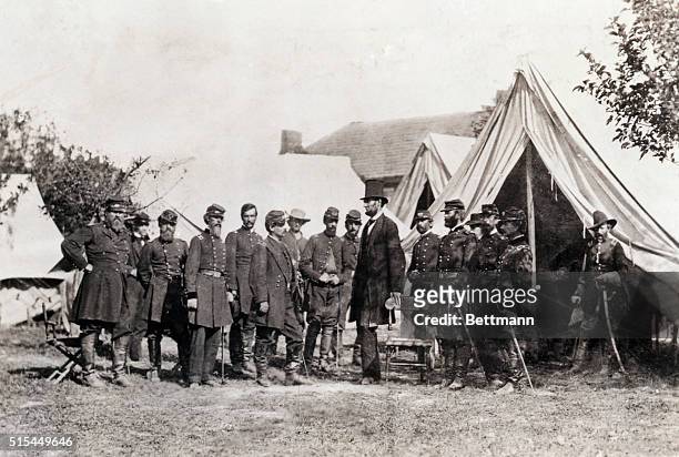 President Lincoln visits General George B. McClellan and his staff at his camp near Sharpsburg, Maryland, on October 3 a few weeks after the Battle...