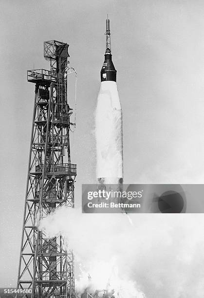 Mercury-Atlas launch vehicle launches the Friendship 7 space capsule and astronaut John Glenn into orbit around the earth for the Mercury 6 mission