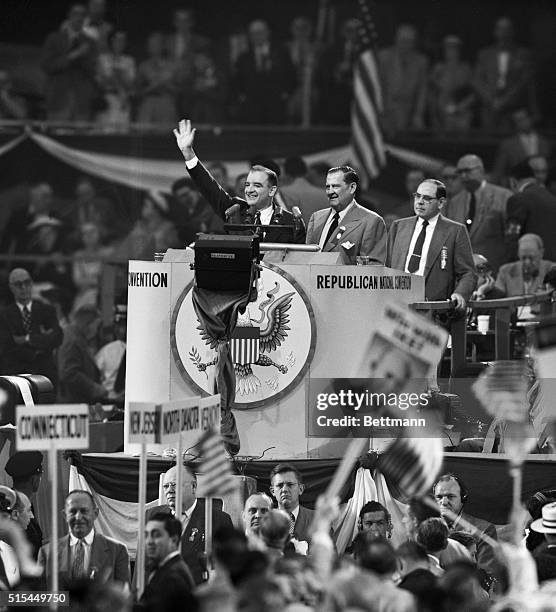 Chicago, Illinois- Senator Joseph McCarthy of Wisconsin waves to the throngs attending the GOP National Convention, waiting to address the meeting...