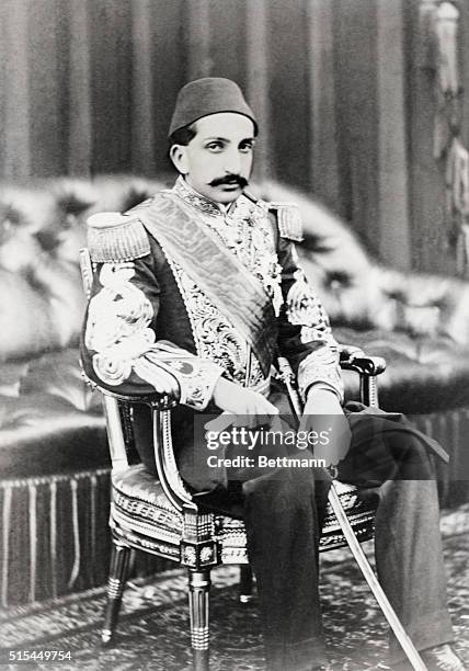 Portrait of Abdul Hamid II , Sultan of Turkey, seated wearing military regalia. He was also called "The Great Assassin" and ruled from 1876-1909....