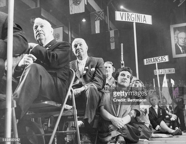 San Francisco, CA-: Delegates to the GOP Convention listen attentively to the Keynote speech by Gov. Arthur Langlie of Washington at the second...