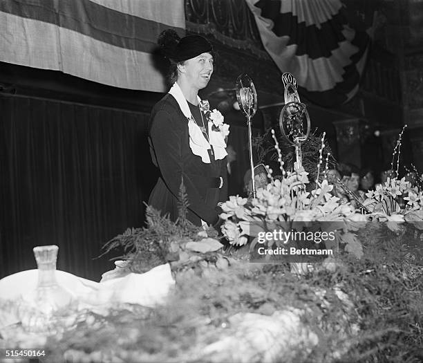 New York, New York-Eleanor Roosevelt, wife of president Franklin Delano Roosevelt, speaks into a radio microphone before an at a tea held in her...