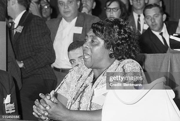 Atlantic City, NJ-: Mississippi Freedom Democratic Party delegate Fanny Hamer speaks out for the meeting of her delegates at a credential meeting...