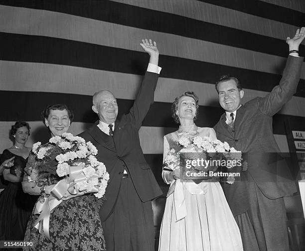 Washington, D.C.- Shown greeting the crowds after Adlai Stevenson conceded defeat early today to President Eisenhower are, left to right: Mrs....