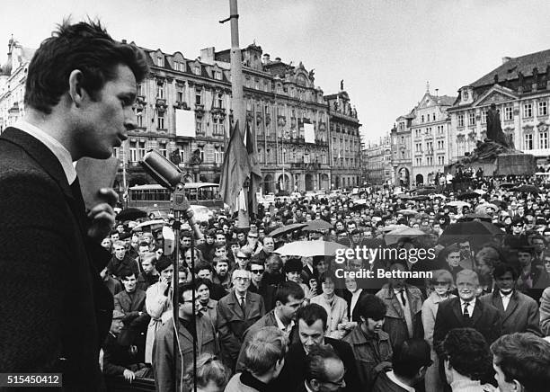 Prague, Czechoslovakia-: A speaker addresses a mass rally in support of democracy organized by the youth of Prague at the old Town Square.