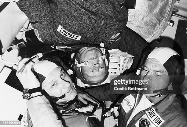 Photo shows Astronaut Donald K. Slayton, Docking Module Pilot, Astronaut Thomas P. Stafford, American Crew Commander, and Cosmonaut Aleksey A....