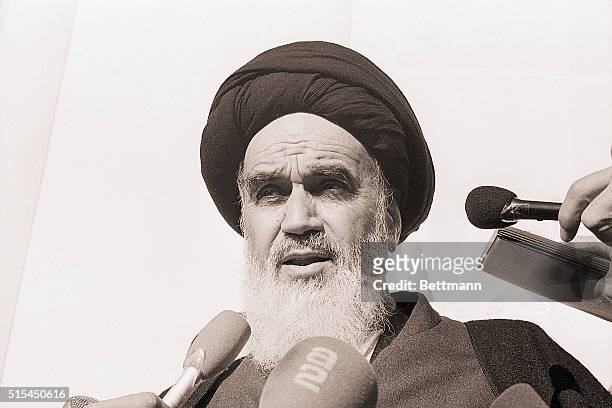 France: Exiled Moslem leader of Iran, Ayatollah Ruhollah Khomeini, is shown in this close-up taken at Neauphle Le-Chateau, France.
