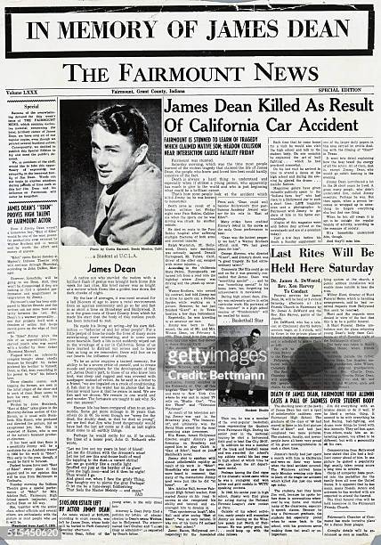 Fairmont, IN, News" special edition front page "In Memory of James Dean. The newspaper features a photograph of the actor and several articles about...