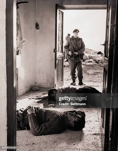 Ayios Sozomenos, Cyprus- A British soldier gazes at the bodies of two Turkish-Cypriot victims of fighting at the small Turkish village of Ayios...