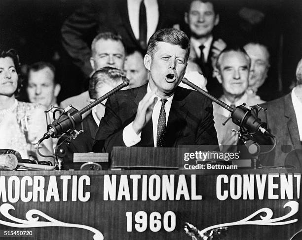 Los Angeles, CA- Sen. John F. Kennedy, 1960 Democratic Presidential nomninee, thanks the Democratic National Convention for selecting him here, July...