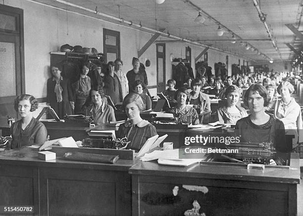 Section of the stenographic section of the Income Tax Unit of the Bureau of Internal Revenue, where 250 stenographers are kept constantly at work...