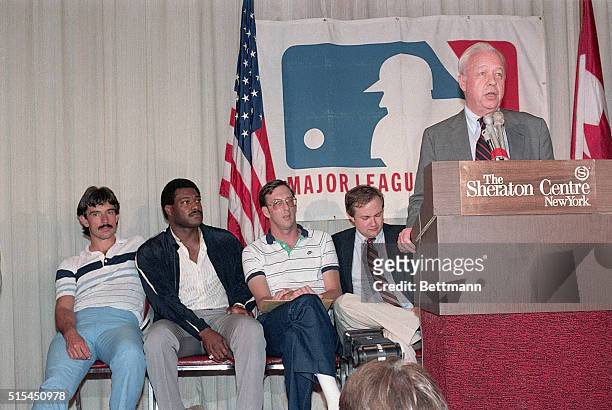 New York, New York-: Lee MacPhail, head of owner representative commitee, addresses a press conference after major league players and owners ended...