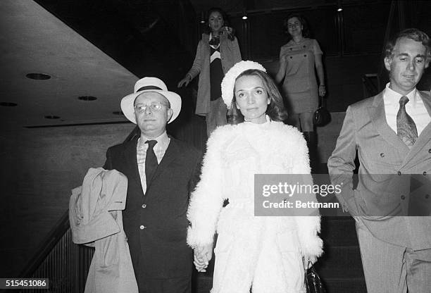 New York, NY- Truman Capote leaves a reception at The Four Seasons with Princess Lee Radziwill, sister of Mrs. Jacqueline Onassis. The reception...