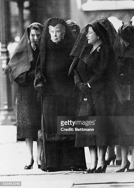 Queen Elizabeth, Queen Elizabeth the Queen Mother, widow of King George VI, and Queen Mary at London King's Cross railway station for the arrival of...