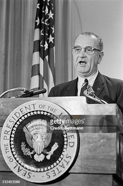 Washington, DC-President Johnson is shown as he recorded for TV and radio a speech to the nation to explain the five-point program he sent to the 17...