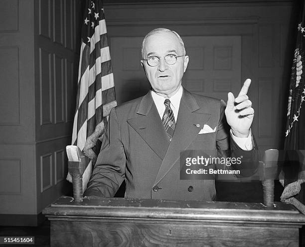 President Truman's address to the nation on the Korean War was broadcast and telecast from the projection room of the White House last night, July...