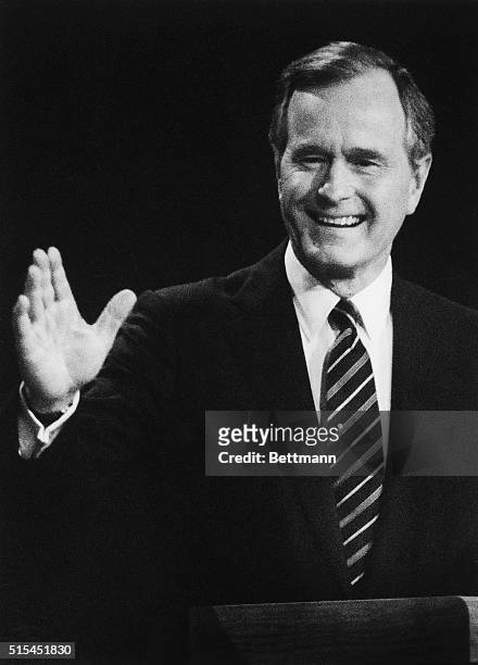 Vice President George Bush waves to the audience at the Presidential debate in Los Angeles.