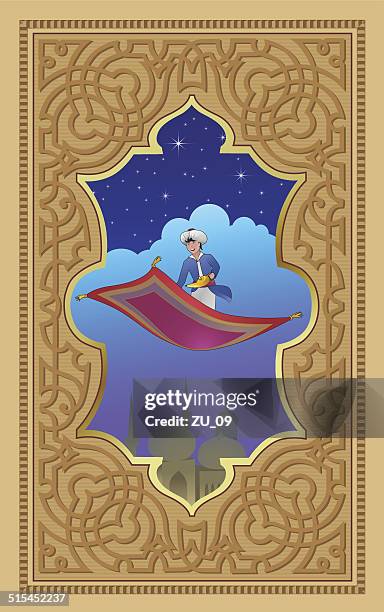ilustrações, clipart, desenhos animados e ícones de aladdin com a lâmpada mágica em um tapete voador - arábia