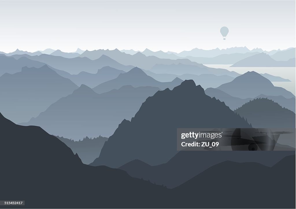 Mountains landscape, birds eye view, balloon in the background