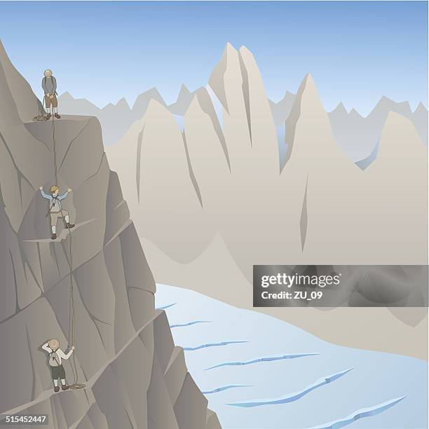 pioneers of mountaineering before over a hundred years ago - rock wall climbing stock illustrations