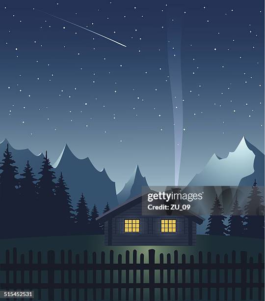 stockillustraties, clipart, cartoons en iconen met alpine hut in the mountains at night - blokhut