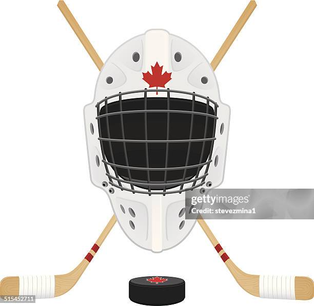 hockey mask, puck and sticks - ice hockey stick stock illustrations