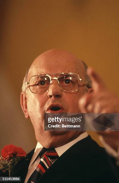 South Africa: Close-up of P.W. Botha, Prime Minister of South Africa, standing at a podium during a press conference. He is making a point with his...
