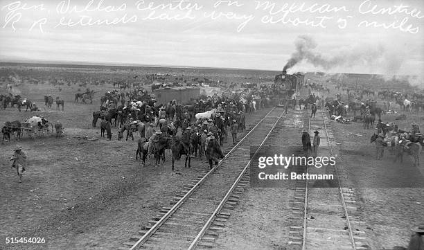 Mexican Revolution of November, 1913. General Pancho Villa's center on Mexican Central Railroad extending about five miles each way. Photo shows a...