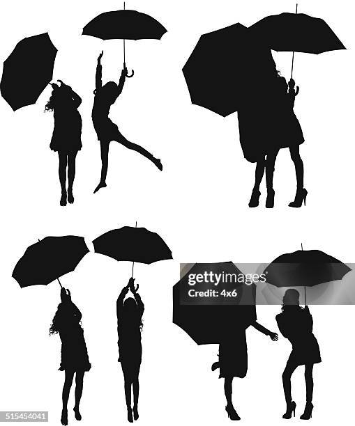 girls and umbrella vector - standing in the rain girl stock illustrations