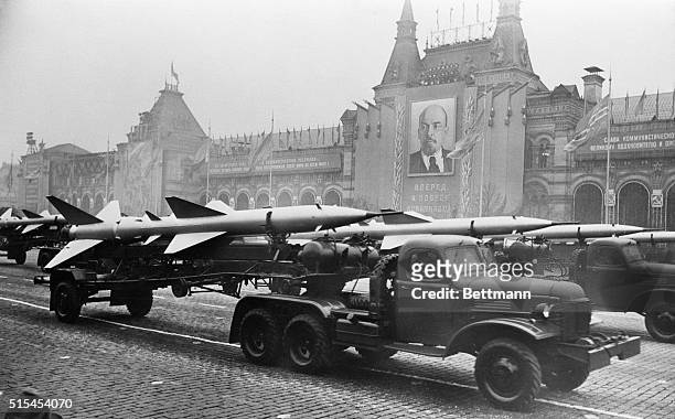 Military trucks pull trailers of short-range, two-stage missiles with twin tail assembly past the Kremlin. The Soviet Union unveiled a wealth of...