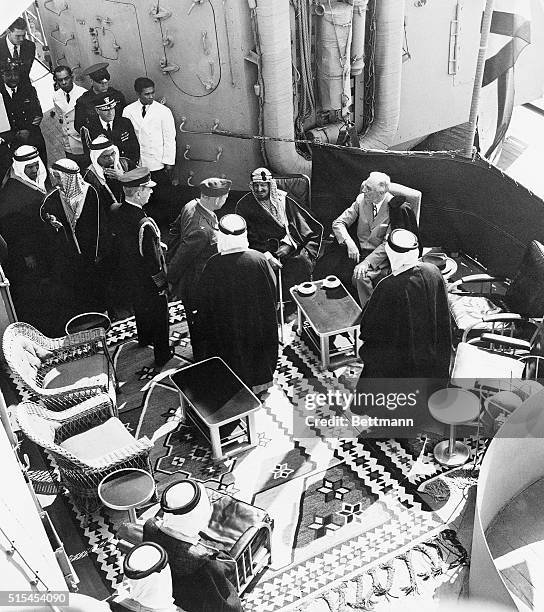 View of the scene aboard an American warship aboard the USS Quincy at the Great Bitter Lake in the Suez Canal, Egypt, 14th February 1945. President...