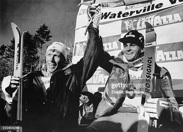 Waterville Valley, NH-ORIGINAL CAPTION READS: Men's World Cup slalom winner Alberto Tomba of Italy and second place finisher Pirmin Zurbriggen, of...