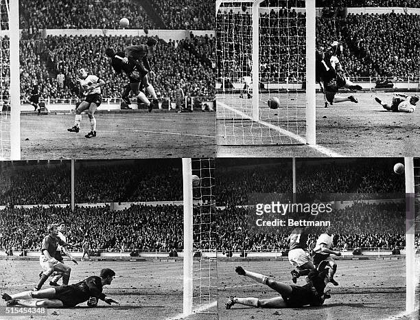 Wembley, England-: This is a four-picture sequence showing England's third controversial third goal scored by Geoffrey Hurst. The ball hit the...