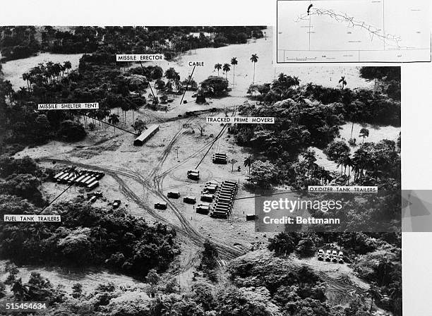 An aerial reconnaissance photograph showing a missile launch site in San Cristobal, Cuba. The discovery of this and other Soviet missile sites in...