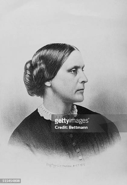Susan B. Anthony, American reformer and leader of the woman's Suffrage Movement. Engraving by G.E. Perine &Co, circa 1870.