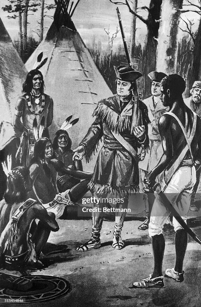 Illustration of Lewis and Clark Distributing Presents to Mandan Leaders