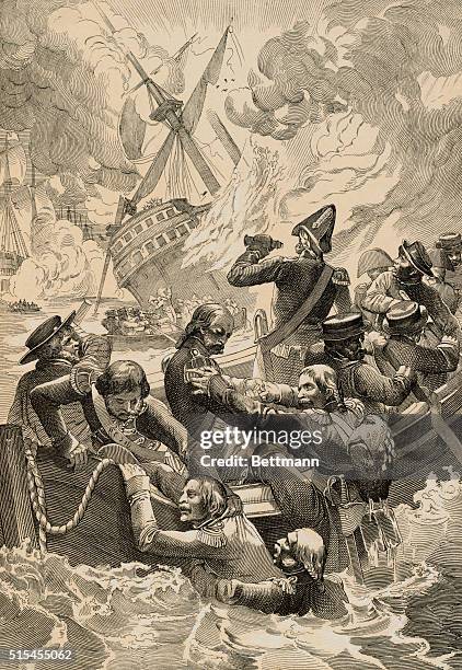 SCENE FROM THE BATTLE OF THE NILE, AUG 1, 1798: BRITISH REAR ADM HORATIO NELSON PURSUED NAPOLEONIC FRENCH FLEET IN EASTERN MEDITERRANEAN, INTO ABU...