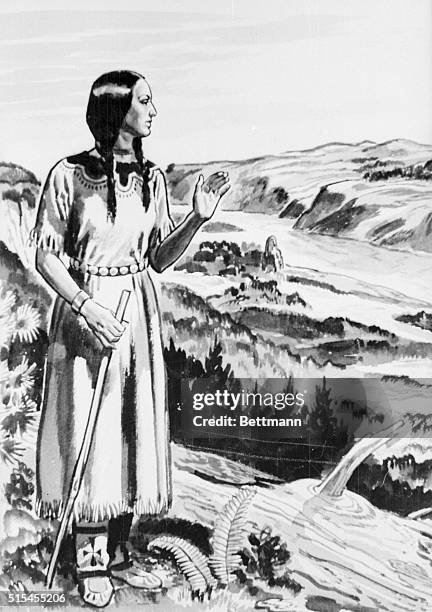 Sacajawea, the birdwoman and guide of the Louis and Clark expedition, is shown in a countryside setting.