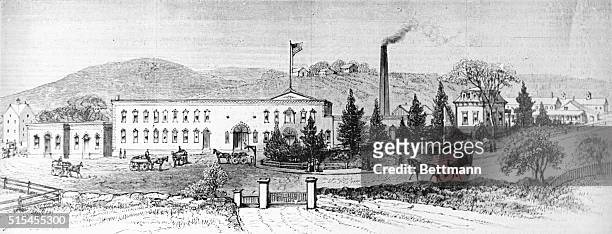Exterior view of the factory of the Borden Condensed Milk Company at Brewster Station, New York, 1879.